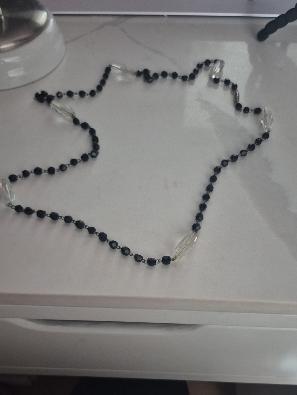 Antique Black Beaded Necklace with Clear Accents